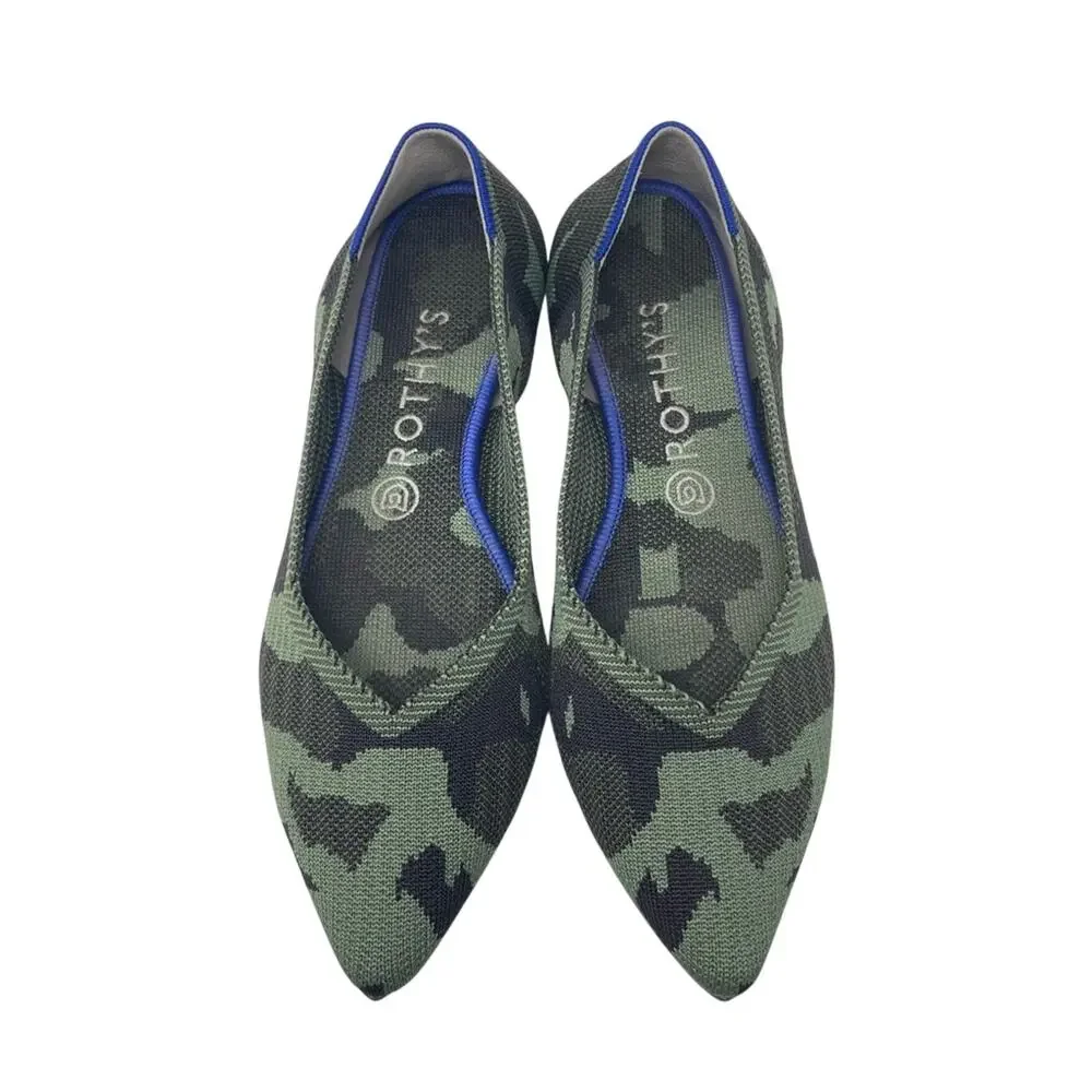 Rothy’s Camouflage Pointed Flats Olive Army Green Orange Knit Shoes 9.5